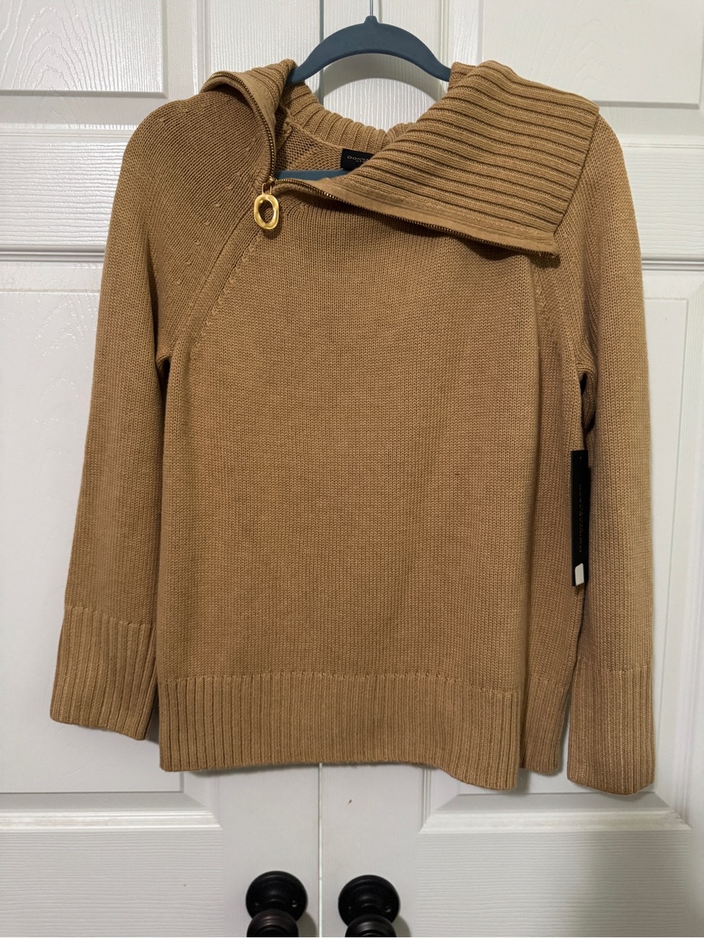 Donna Karan Camel Asymmetrical Collar Knit Sweater with Gold Detail